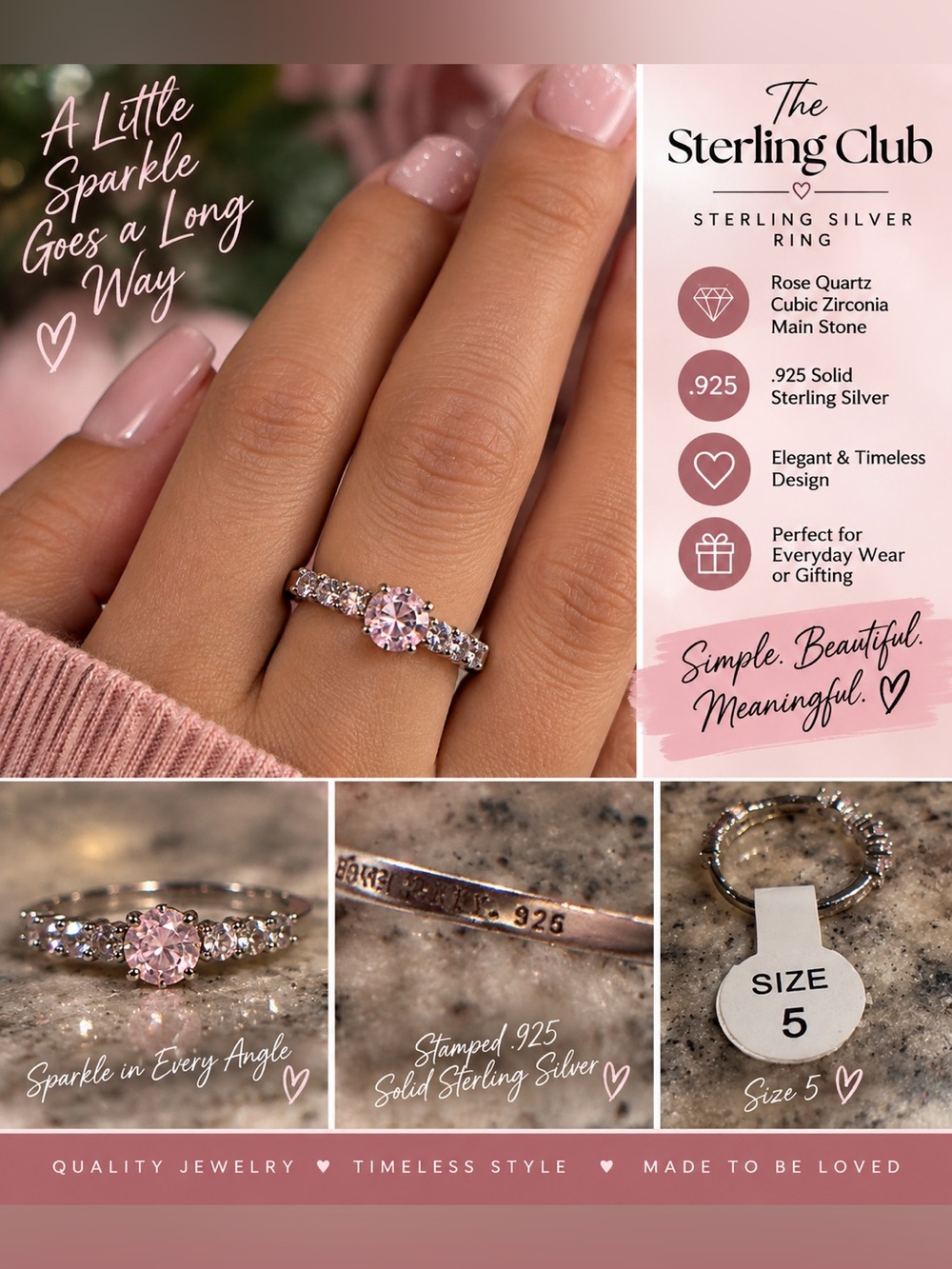 925 Rose Quartz Sterling Silver Ring - Pink